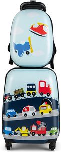 COSTWAY 2ks dětský kufr + batoh, dětský vozík z plastu, dětské zavazadlo, sada dětských kufrů příruční zavazadlo cestovní zavazadlo tvrdý skořepinový kufr pro chlapce a dívky (nebesky modrá, 12"+16")