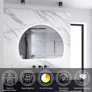 AICA LED Halbrund Badspiegel 80x60cm Anti-Beschlag Wand/Touchschalter 3 Lichfarbe Dimmbar Kalt/Neutral/Warmweiß Badezimmerspiegel mit Beleuchtung IP44