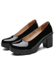 Damen Pumps Chunky Block Heel Mode Schuhe Komfort Runde Zehe Arbeit Formal High Heels Schwarz (Spiegelfläche),Größe:EU 35