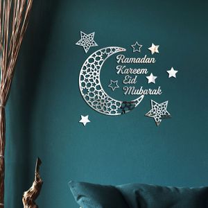 Ramadan Kareem Aufkleber Dekorationen Wand Eid Mubarak Eid Al Adha Mond und Stern Aufkleber Islamische Spiegeldekoration Ramadan Dekoration (Silber)