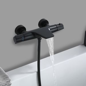 Wannenarmatur Thermostat schwarz Badewannenarmatur Wasserfall Wannenbatterie Duscharmatur Schwarz für Dusche Wannenthermostat