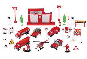 Feuerwehr Station Spielset 31 Teile, Feuerwehrfahzeuge Löschfahrzeuge, Hubschrauber etc., aus Metall und Kunststoff