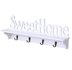 Wandgarderobe [Sweet Home] mit Ablage und 4 x Haken in weiß, Flurgarderobe, Wandpaneel 47x7x15 cm, WPC Hakenleiste, Kleiderhaken, Garderobenleiste