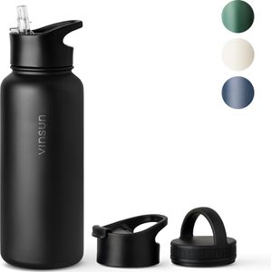 Vinsun Thermosflasche schwarz 1L - auslaufsicher, Kohlensäure geeignet, BPA frei - Strohhalm, Trinköffnung - isolierte Trinkflasche Edelstahl für Sport, Schule, Fahrrad, Büro, Camping