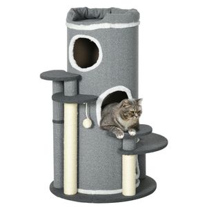 PawHut Katzen Kratztonne 99 cm Spieltonne Kratzbaum Katzenbaum mit Katzenbett, Spielball, Plattformen, Katzenkratzbaum mit 3 Türen, Katzenmöbel, Grau