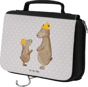 Mr. & Mrs. Panda Kulturbeutel Bären mit Hut - Grau Pastell - Geschenk, Familie, Lieblingsmensch, Kosmetiktasche, Schminktasche, Vatertag, Waschtasche, Kulturtasche, Papi