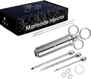 Perow Luxus Marinadenspritze - BBQ-Injektor - Edelstahl-Marinadenspritze - Metall-Injektionsspritze - 60 ML - Inklusive 3 Nadeln