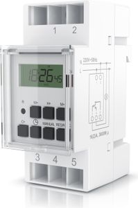 BEARWARE Zeitschaltuhr digital - für DIN Hutschienen im Verteilerschrank Schalttafeln – 2 Klemmen Input, 3 Klemmen Output - 16A/3680W – min. Schaltabstand 1 Minute – LCD Display – Manueller Modus
