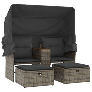 vidaXL Gartensofa 2-Sitzer mit Dach und Hockern Grau Poly Rattan