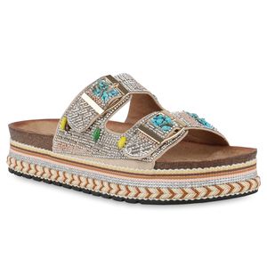 VAN HILL Damen Pantoletten Sandaletten Strass Zierperlen Plateau Schuhe 841100, Farbe: Beige, Größe: 39