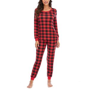 Damen Plaid Printed Pyjama Set Langarm Top Hosen Homewear Pyjama Tasche,Farbe:Rot,Größe:M