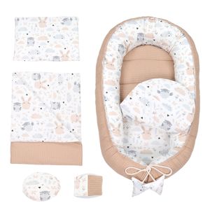Babynestchen Set Neugeborene - Kuschelnest Baby Nestchen Bett Set 6- Teilig Kokon Baumwolle Braun Waffel Piqué und Hasen Muster