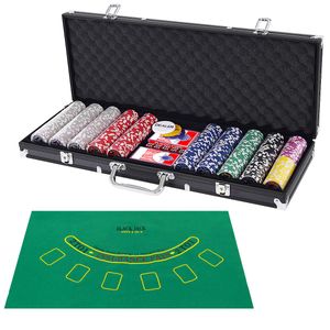 COSTWAY 500 laserových žetonů pokerová sada, kompletní pokerová sada s žetony, 2 hracími kartami, 5 kostkami, 3 dealerskými žetony a ubrusem, hliníkový kufřík na poker se 2 klíči (černý)