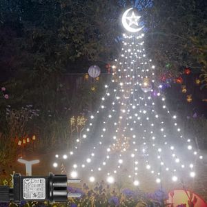 Weihnachtsbaum Lichterkette Außen Innen mit Mond und Stern, Weihnachtsbeleuchtung 350 LEDs 8 modi Timer, Kaltweiß Christbaumbeleuchtung mit 9 Strängen 3,47M, Weihnachtsdeko IP44