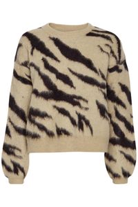 Pulz Jeans PZASTA Pullover Damen Strickpullover Grobstrick Pullover Rundhals O-Neck mit Woll-Anteil mit Stretch mit Animal-Muster Tiger-Muster kurz geschnitten