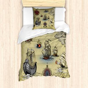 ABAKUHAUS Kompass Mantele, Antike Karte Pirat, Milbensicher Allergiker geeignet mit Kissenbezügen, 135 cm x 200 cm - 80 x 80 cm, Beige Rot Grau
