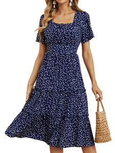 Damen Sommerkleider Blumenmuster Freizeitkleider Kurzarm Strandkleid Boho Kleid Tiefblau,Größe S