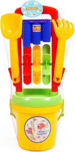 Polesie Sandspielzeug-Set 38319 Sandmühle Eimer mit Siebdeckel Schaufel Rechen gelb