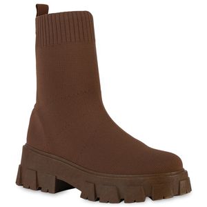 VAN HILL Damen Stiefeletten Plateau Boots Profil-Sohle Strick Schuhe 838376, Farbe: Coffee, Größe: 38