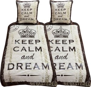 Bettwäsche 135x200 + 80x80 cm beige braun Keep Calm and Dream Krone mit Reißverschluss, 4-tlg