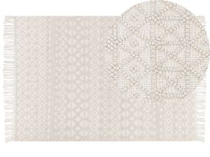 Teppich Hellbeige aus Wolle 160 x 230 cm Rechteckig mit Fransen im Boho Stil Geometrisches Muster Dekoration für Wohnzimmer Schlafzimmer Flur
