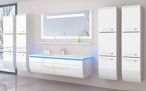 Badmöbel set Weiss 240 cm Hochglanz Badmöbel Set 240 cm Bad möbel Komplett Set Incl Led System Fertig Montiert Lackiert 6 Teilig Badezimmer Hochschrank Badezimmerschrank Weiß Badezimmerschrank MDF Holz Hängeschrank Bad Weiss 240 cm