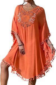 Damen Strandkleid Strandponcho Chiffon, Sommer Bikini Cover-Ups mit Quasten, Boho Strandtunika, Transparent Strandurlaub Beachwear, Orange, Einheitsgröße