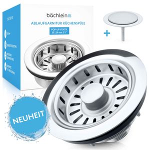 Bächlein Ablaufgarnitur Pop Up ohne Überlauf für die Spüle [Ø 114mm], Pop Up jetzt auch für die Küchenspüle, Spülenablauf Edelstahl poliert, Überlaufgarnitur, Ablaufventil, Ablaufstopfen