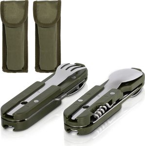 2 Stück Outdoor Besteck Edelstahl Campingbesteck Essbesteck Set 6 teilig Camping Besteckset, grün silber