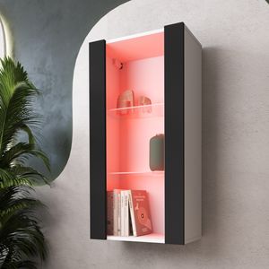 Komodee, Hängende Vitrine Schrank Tivoli, Schwarz/Weiß, Breite 50cm x Höhe 100cm 50cm x Tiefe 29cm, LED RGB, 2 Regalböden, für Wohnzimmer, Schlafzimmer, Eingang