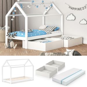 VITALISPA Kinderbett WIKI 90x200 cm Weiß Schlafplatz Faltboxen Hausbett Kinderhaus + Matratze