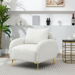 Merax Čalouněné křeslo se zlatými kovovými nohami a opěrnými polštáři, Teddy Velvet Relaxační křeslo Lounger Single Lounge Sofa, bílé