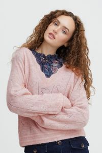 ATELIER RÊVE ICHI IRMANON LS Damen Strickpullover Feinstrick Pullover V-Neck V-Ausschnitt mit Wolle mit Alpaka feiner Struktur-Strick mit Herzen