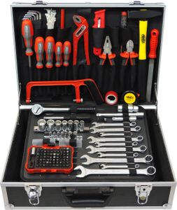 FAMEX 758-63 Alu Werkzeugkoffer bestückt 132-tlg. | Werkzeugkasten gefüllt mit Werkzeug | Werkzeugset für Haushalt, Garage und Werkstatt
