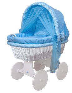 Súprava detskej postieľky s vybavením, XXL, rám/kolesá lakované na bielo, modrá kockovaná