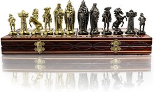 středověké GOLD 40cm/16" metalizované plastové kovové vážené šachové figurky a velká dekorativní dřevěná šachovnice