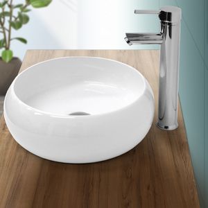 ECD Germany Waschbecken Rundform, Ø 35x12 cm, Weiß, aus Keramik, Aufsatzwaschbecken ohne Überlauf, Handwaschbecken Aufsatzwaschtisch Spülbecken Waschschale für Badezimmer