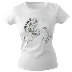 Girly-Shirt mit Strasssteinen Glitzer Pferd Horse Stute G88332 Gr. XS-2XL Color - weiß Größe - XL