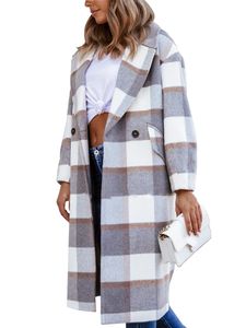 Damen Plaid Langarm Mantel Lässig Langer Mantel Taschen Revers Kragen Knopf,Farbe: Grau-Weiß-Karo,Größe:M