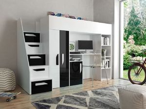 Hochbett Etagenbett mit Schreibtisch Schrank Regal und Treppe PARIS 4 hochglanz weiß-schwarz