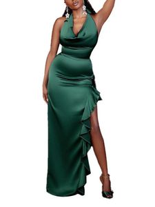 Damen Abendkleider V-Ausschnitt Kleider Einfarbig Sommerkleid Elegantes Ballkleider Grün,Größe L