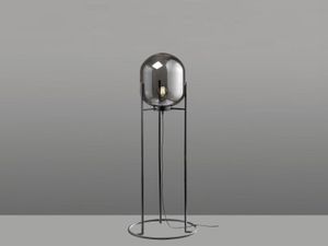 Kleine LED Stehlampe Tripod Schwarz mit Rauchglas, Industrial Bodenleuchte Innen