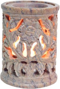 Indische Duftlampe, ätherisches Öl Diffusor, Teelicht Halter für Aromatherapie, Aromalampe aus Speckstein - Rund Blüte 4, Creme-weiß, 8*6*6 cm, Duftlampen & Öllampen