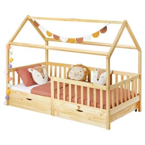 Hausbett NUNA aus massiver Kiefer, Montessori Bett in 90 x 200 cm mit Rausfallschutz, Spielbett mit Schubladen, modernes Kinderbett mit Dach in natur
