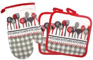 GKA 3er Set 2 Stück Topflappen und 1 Stück Topfhandschuh Kochen Küche Ofenhandschuh Baumwolle gesteppt dicke Qualität