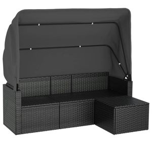 vidaXL 3-Sitzer-Gartensofa mit Dach und Fußhocker Schwarz Poly Rattan