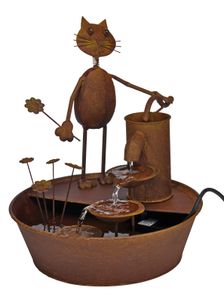 Wasserspiel / Brunnen mit Katze und Blume - Metall - inkl. Pumpe - ca. 34,5 x 41,5cm