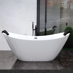 Freistehende Badewanne 180x80 Weiß Modern Exclusive Acryl Ablaufgarnitur VIEGA Click-Clack Gratis + Schwarz Kopfstütze | BADLAND IVAR