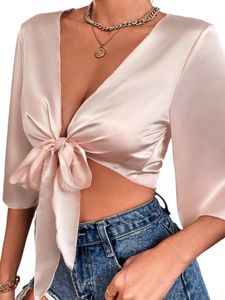 Damen Blusen V-Ausschnitte Tshirt Crop Top Sommer Shirts Elegant Oberteile Rosa,Größe S