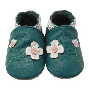 Weiche Yalion Baby Krabbelschuhe Lauflernschuhe Lederpuschen aus echtem Leder 2 Blumen Türkis ( 0-6 M, EU 18-19)